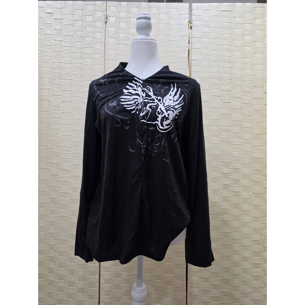 Misslook Black Graphic Long Sleeve Top V-Neck Zip Front Cotton Blend 2XL 810534#
